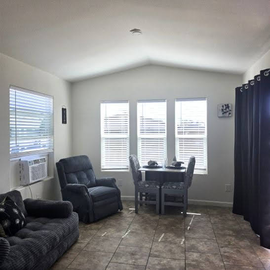 Brand new park model home interior with vaulted ceiling